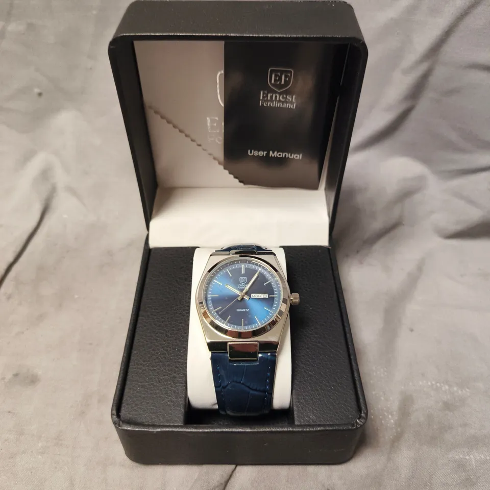 MENS ERNEST FERDINAND WATCH – DAY DATE CALENDAR DIAL – LEATHER STRAP – 3ATM WATER RESISTANT