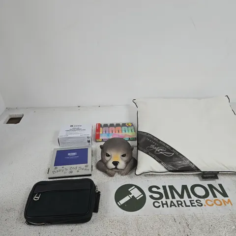 BOX OF APPROXIMATELY 15 ASSORTED ITEMS INCLUDING FEATHER NIGHTS DUCK FEATHER CUSHION, AVILO FLOATING OTTER DECORATION AND STABILO PASTEL HIGHLIGHTERS