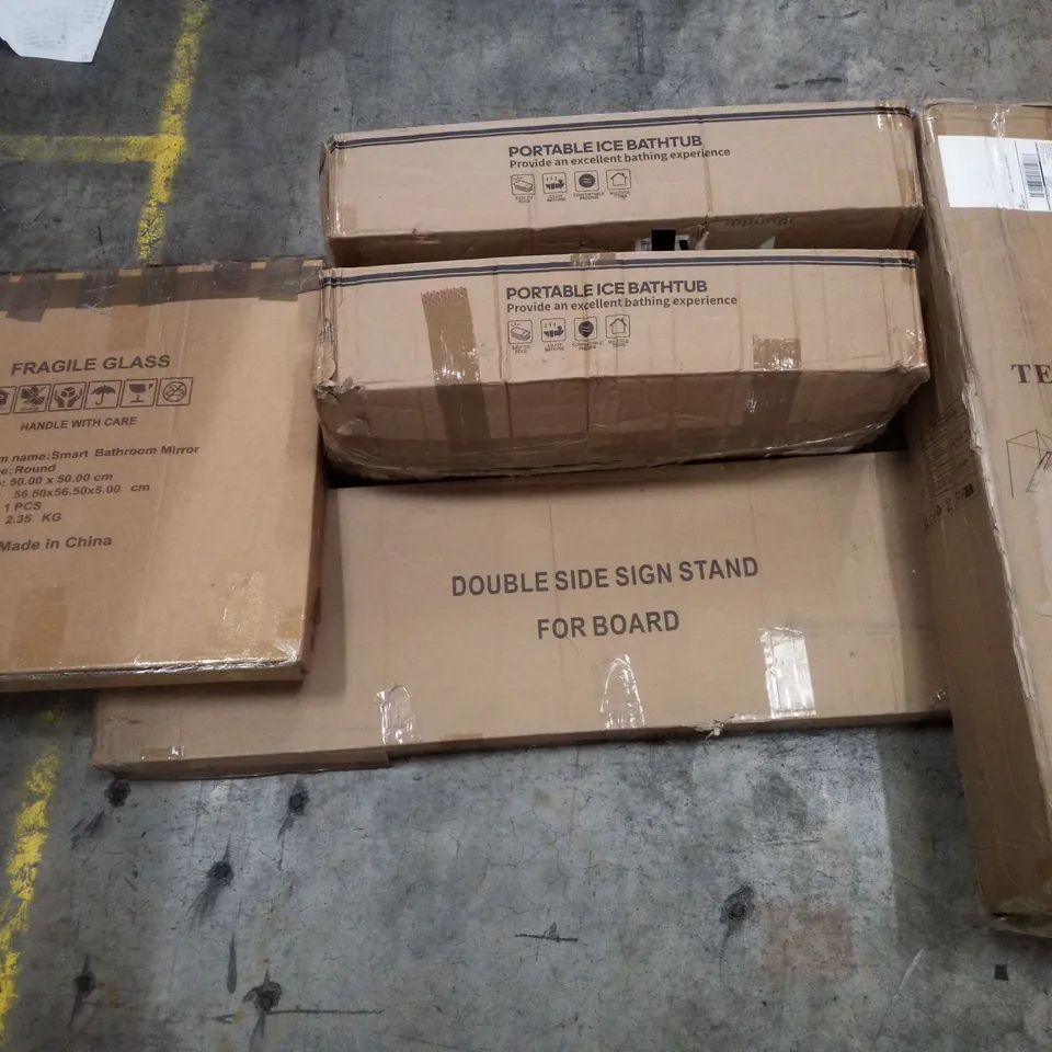 PALLET CONTAINING ASSORTED PRODUCTS INCLUDING TENT, SMART BATHROOM, DOUBLE SIDE SIGN STAND & PORTABLE ICE BATHTUBS