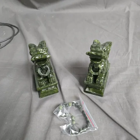 PAIR OF GREEN GLAZED DRAGON DECORATIONS WITH RING DETAIL – INCLUDES BEAD BAG