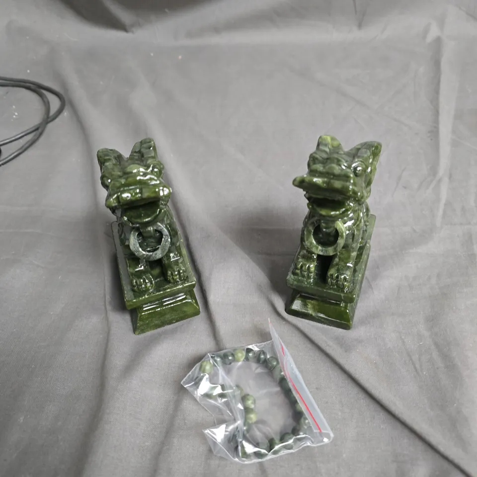 PAIR OF GREEN GLAZED DRAGON DECORATIONS WITH RING DETAIL – INCLUDES BEAD BAG