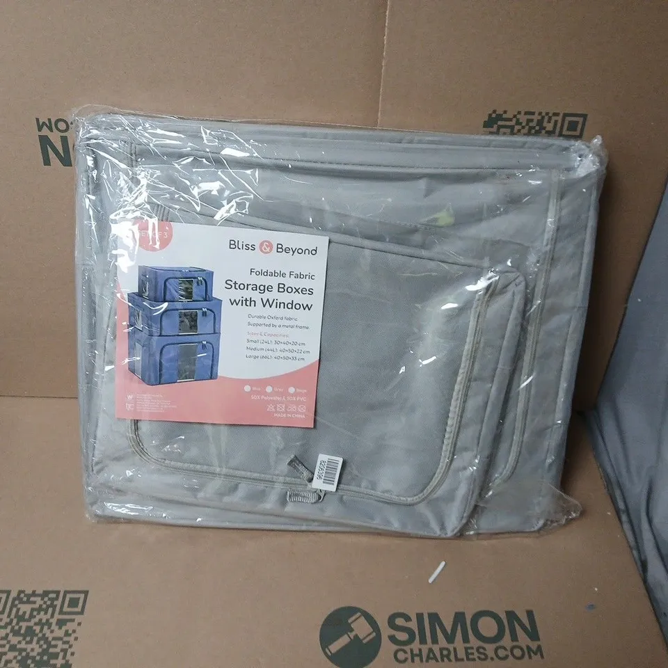 BLISS & BEYOND FOLDABLE FABRIC STORAGE BOXES WITH WINDOW – GREY, SET OF 3