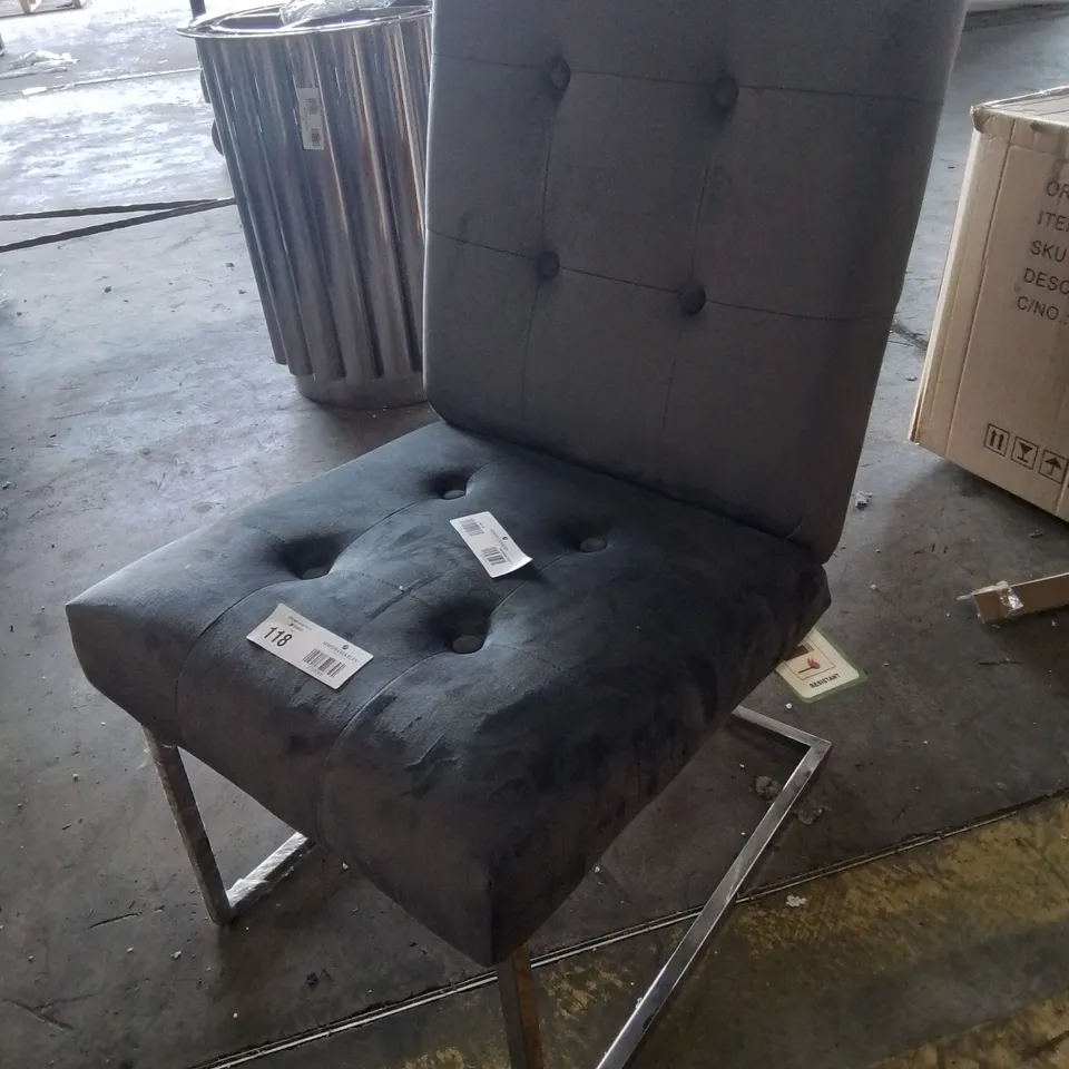 DESIGNER UPHOLSTERED DINING CHAIR GREY PLUSH FABRIC ON METAL FRAME