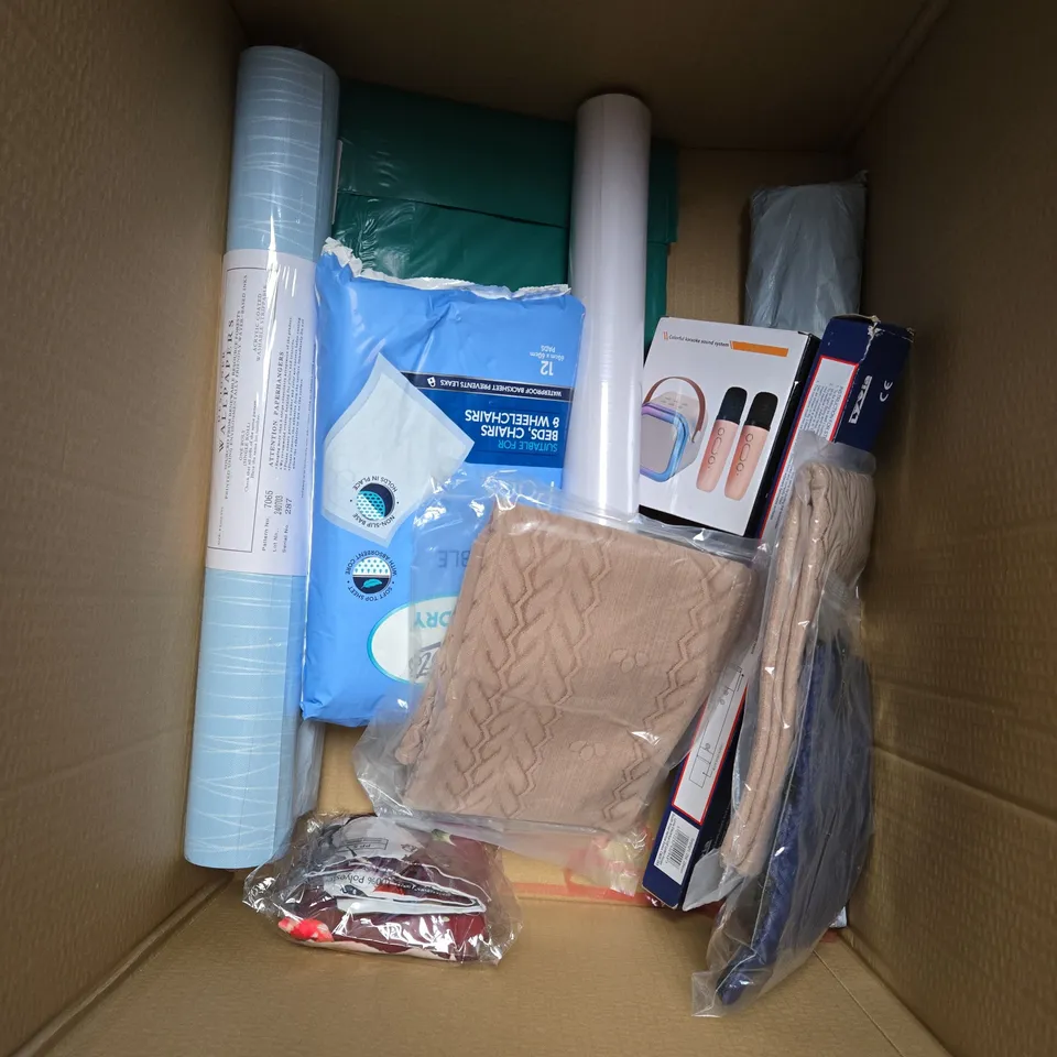 LARGE BOX OF APPROXIMATELY 15 ASSORTED HOUSEHOLD ITEMS TO INCLUDE - FURNITURE SLIDERS KIT - HEATABLE GRUMPY HOT POTATO - LOVELY TEACHER MUG & GLASS GIFT - ETC