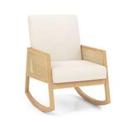 BOXED COSTWAY BEIGE UPHOLSTERED ROCKING CHAIR WITH RATTAN ARMREST