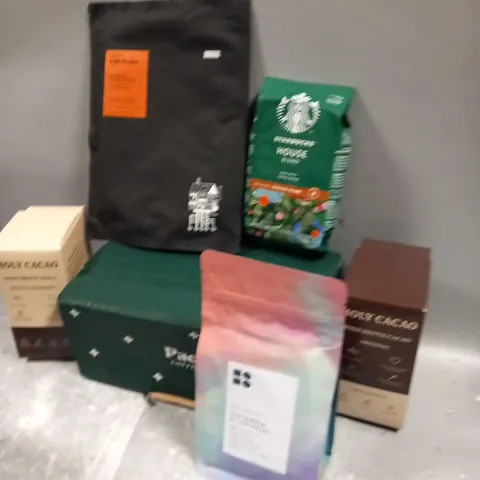 SIX ASSORTED PRODUCTS TO INCLUDE; ETHIOPIA PATHFINDER SPECIALITY COFFEE, PACT COFFEE, HOLY CACAO BONE BROTH CACAO AND STARBUCKS HOUSE BLEND