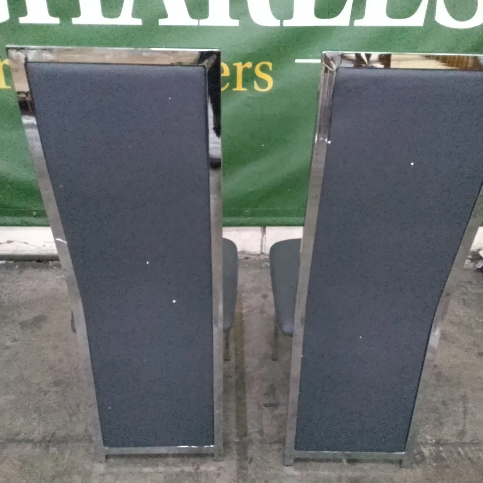 SET OF 2 NEW CELESTE DARK GREY LEATHER AND CHROME DINING CHAIRS 