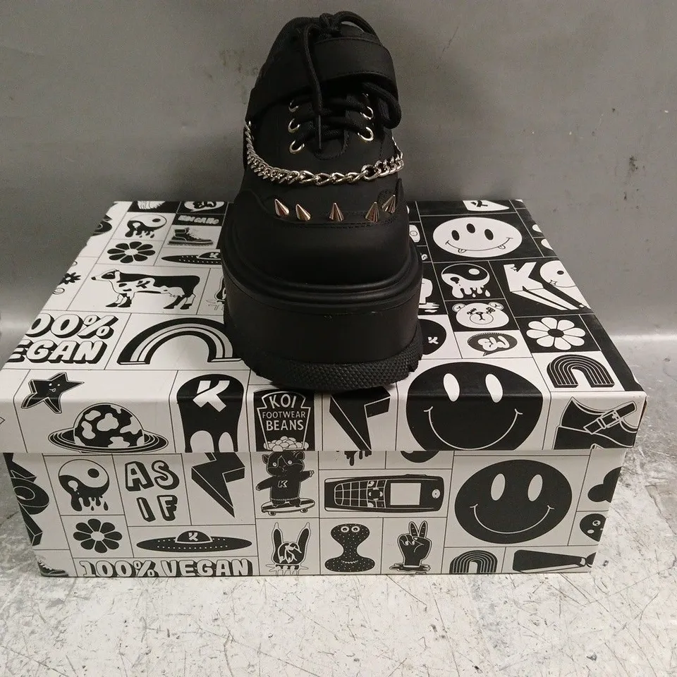 BOXED PAIR OF KOI RETROGRADE REBEL PLATFORM SHOES IN BLACK SIZE UK 3
