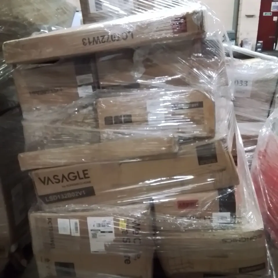 PALLET OF ASSORTED HOUSEHOLD GOODS AND PRODUCTS TO INCLUDE;BOOKSHELF,STANDING DESK,DUMBELLS 