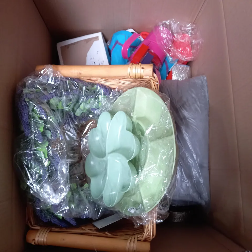 BOX OF APROXIMATELY 12 ASSORTED HOUSEHOLD ITEMS TO INCLUDE BLANKETS , LED DOWNLIGHTS , BASKETS , ETC 