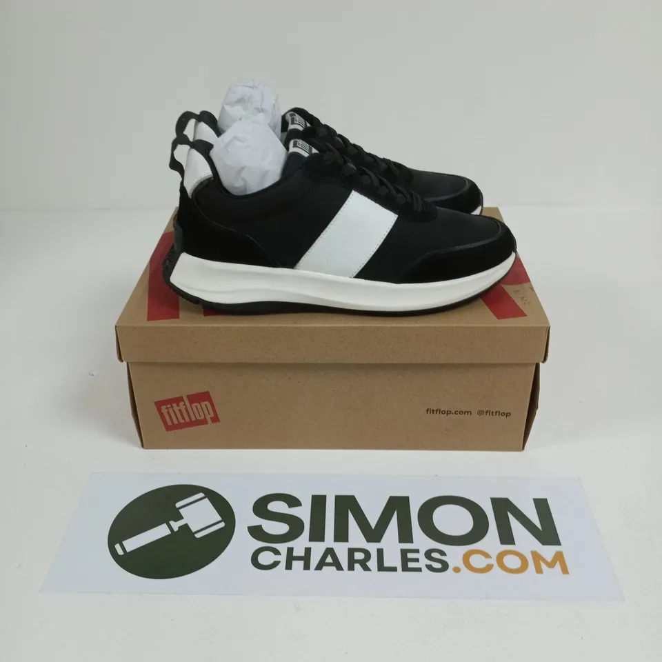 BOXED PAIR OF FITFLOP F-MODE FLOW FABRIC FLATFORM SNEAKERS IN BLACK - UK 7