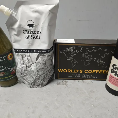 APPROXIMATELY 6 ASSORTED FOOD & DRINK ITEMS TO INCLUDE - CITIZENS OF SOIL EXTRA VIRGIN OLIVE OIL , GREEN SEASONING , GOOD PHATS AVOCADO OIL ETC