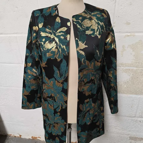 HELENE BERMAN LONG JACKET WITH SHOULDER PADS - GREEN/GOLD - SIZE 12