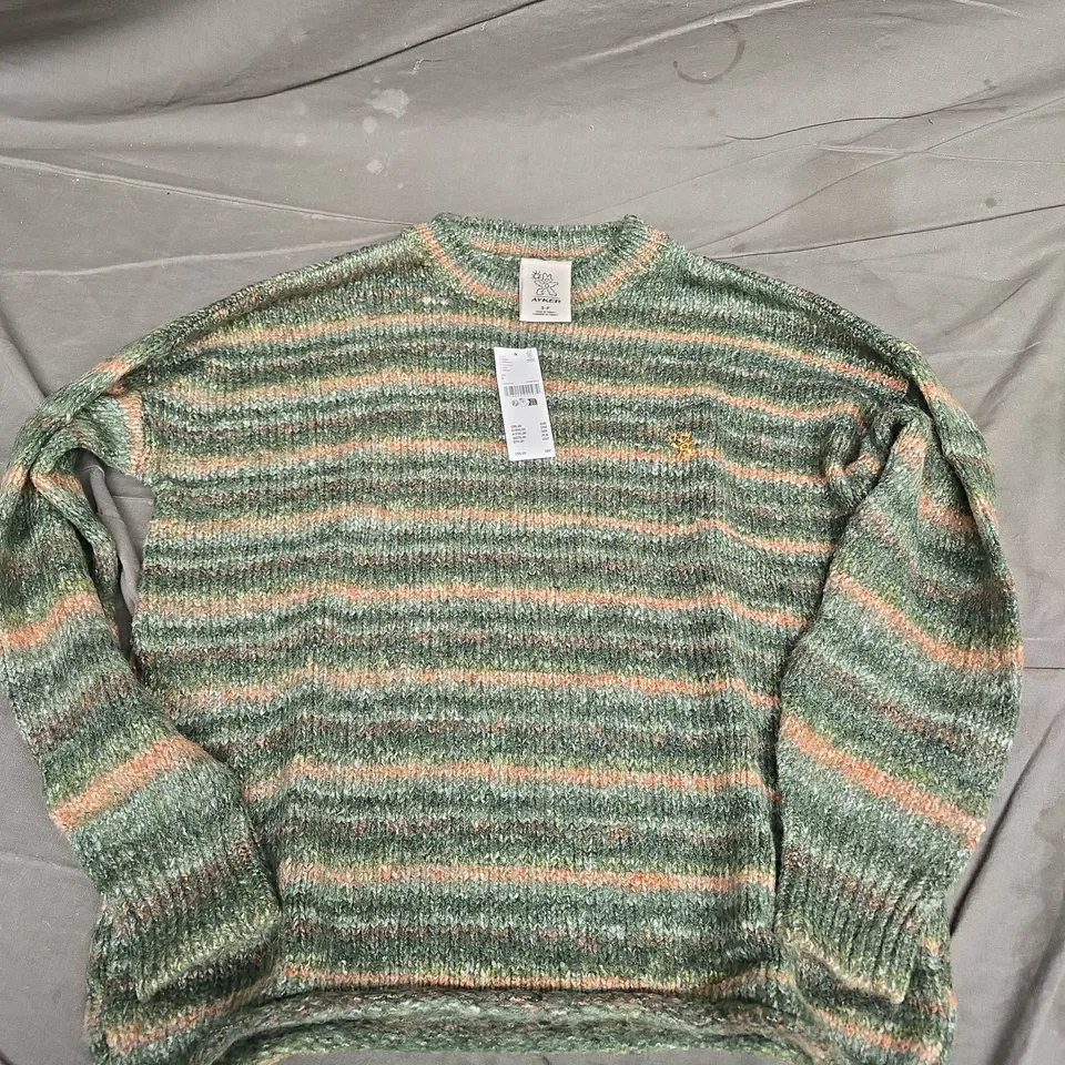 AYKER KNIT SWEATER – GREEN STRIPED, SIZE S