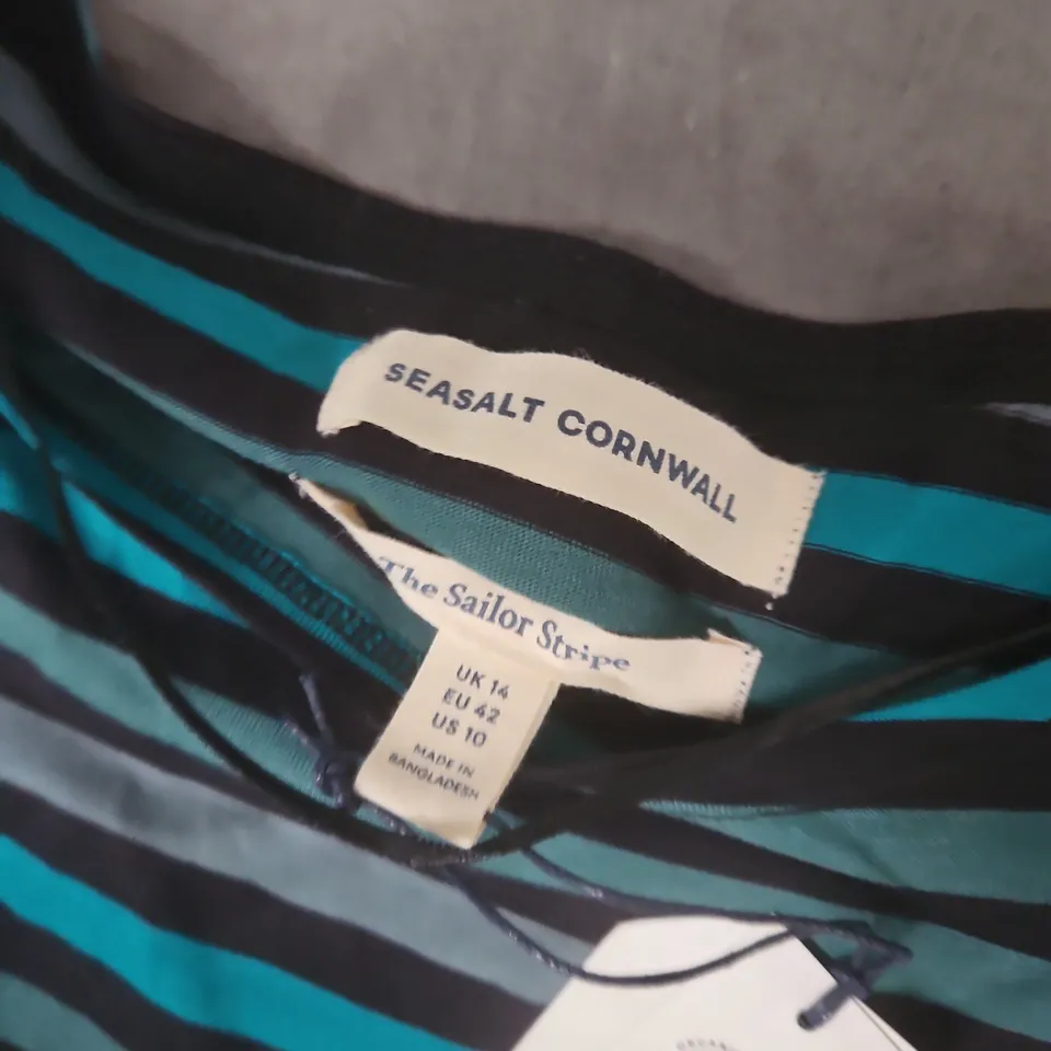 SEASALT CORNWALL WOMEN’S SAILOR STRIPE TOP – TEAL & BLACK BRETON, UK 14