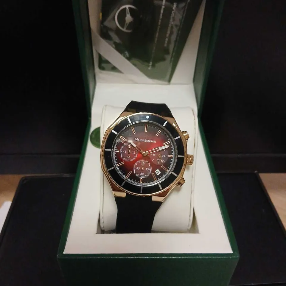 MANN EGERTON ASTRO ROSE RED CHRONOGRAPH WATCH – ROSE GOLD CASE, BLACK BEZEL & STRAP 
