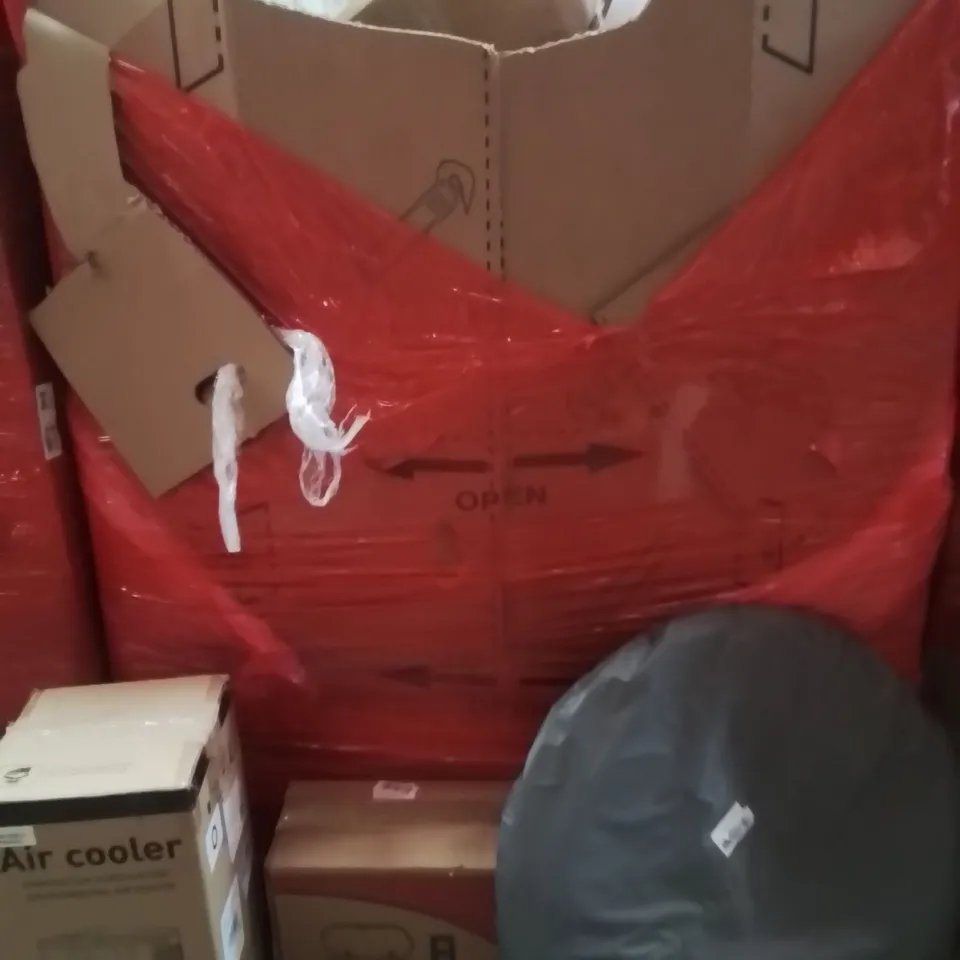 PALLET OF ASSORTED HOUSEHOLD GOODS AND PRODUCTS TO INCLUDE;AIR COOLER,TRASH CAN,POPUP TENT