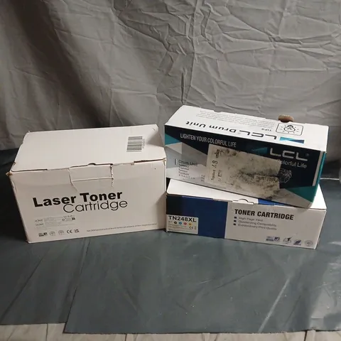 BOX OF APPROXIMATELY 8 ASSORTED PRINTER RELATED ITEMS TO INCLUDE LASER TONER CARTRIDGES, LCL DRUM UNITE ETC