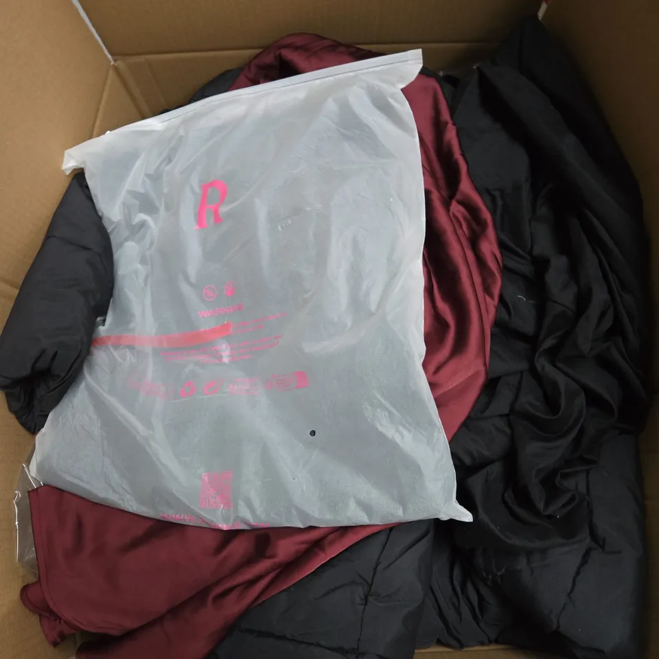 LARGE BOX OF ASSORTED CLOTHING ITEMS IN VARIOUS STYLES, COLOURS AND SIZES