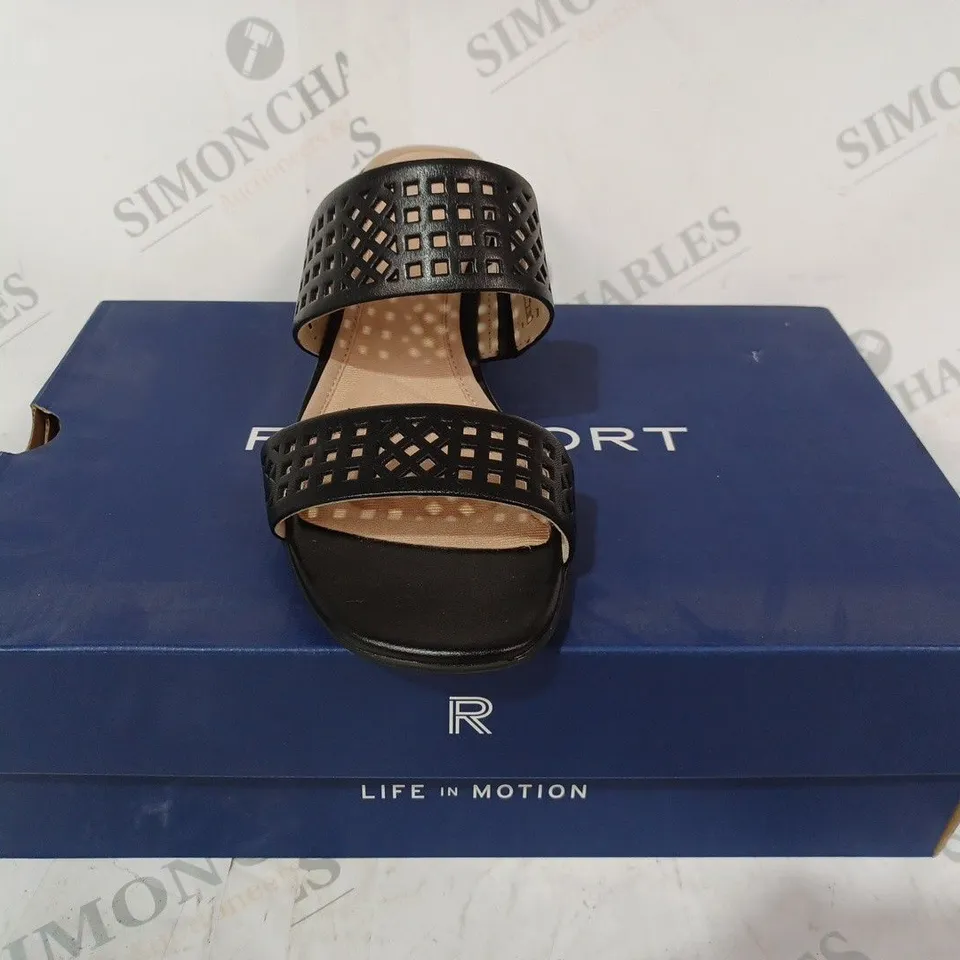 BOXED PAIR OF ROCKPORT TOTAL MOTION ALAINA MULE HEELED SANDALS IN BLACK UK SIZE 5
