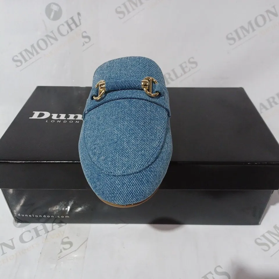 BOXED PAIR OF DUNE LONDON LOAFERS IN BLUE DENIM UK SIZE 7