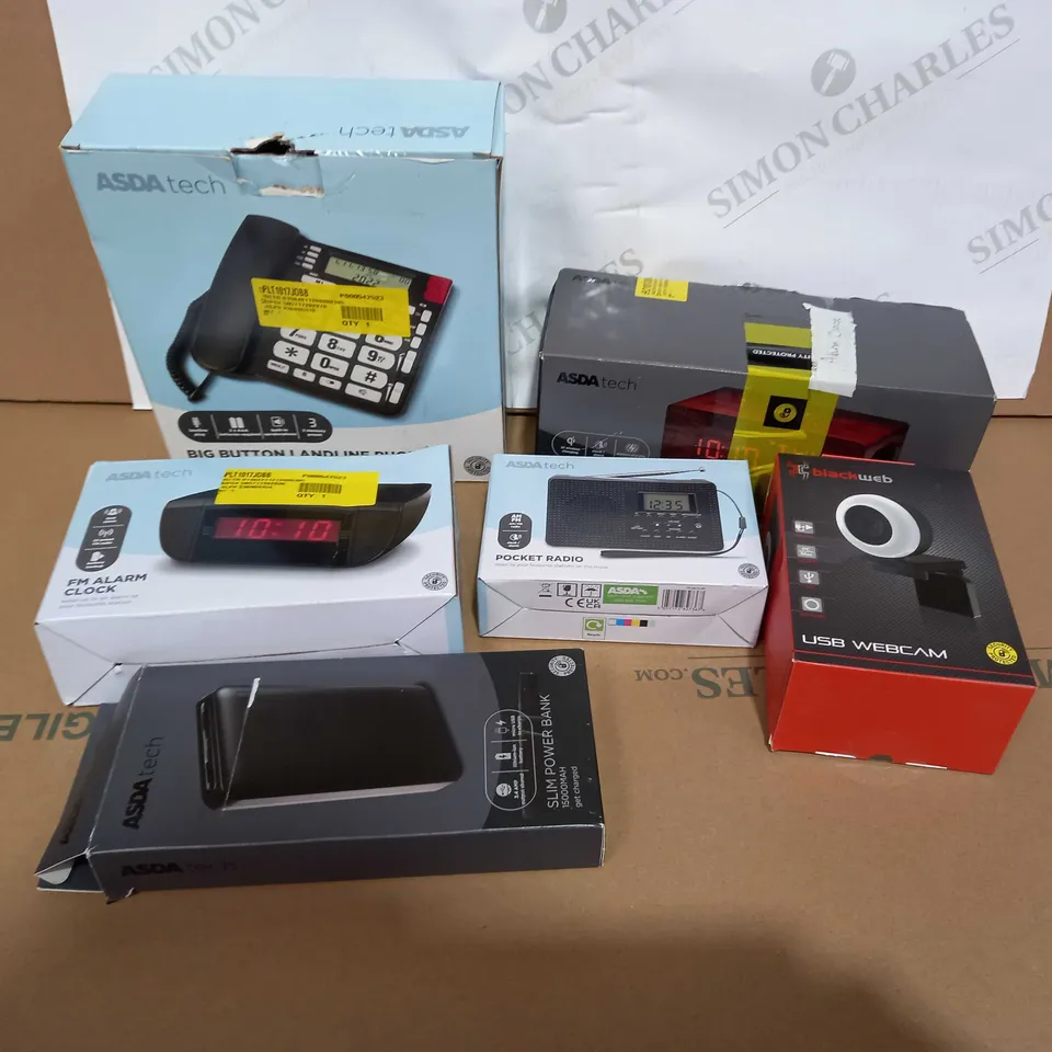BOX OF APPROXIMATELY 25 ASSORTED ITEMS TO INCLUDE A BIG BUTTON LANDLINE PHONE, A FM ALARM CLOCK, A POWERBANK AND A USB WEBCAM