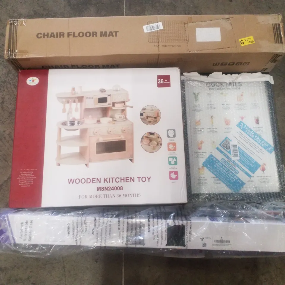 PALLET CONTAINING ASSORTED PRODUCTS INCLUDING CHAIR FLOOR MAT, WOODEN KITCHEN TOY, AUTOLOCK RETRACTABLE SAFETY GATE, COCKTAILS FRAMED POSTER