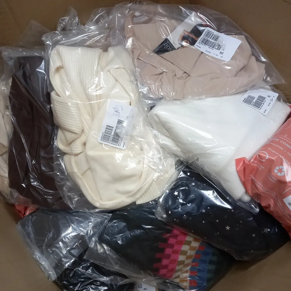 BOX OF ASSORTED CLOTHING ITEMS TOO INCLUDE BAGS , TOPS, AND TROUSERS   ETC. 