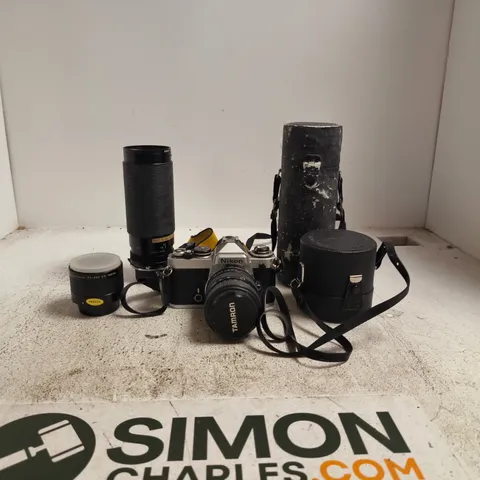 NIKON SLR CAMERA WITH JESSOP BAG AND ACCESSORIES TO INCLUDE TAMRON LENS + NIKON TELECONVERTOR TC - 200 ETC