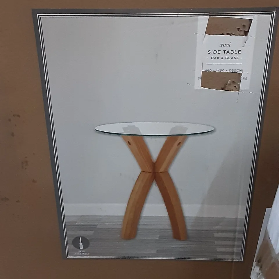 BOXED XAVI SIDE TABLE IN OAK AND GLASS , H60 X W80 X D50CM 