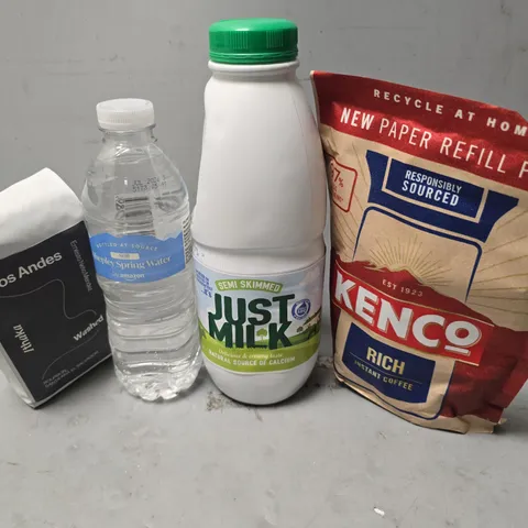 APPROXIMATELY 10 ASSORTED FOOD & DRINK ITEMS TO INCLUDE - AMAZON WATER , JUST MILK , KENCO RICH INSTANT COFFEE ETC