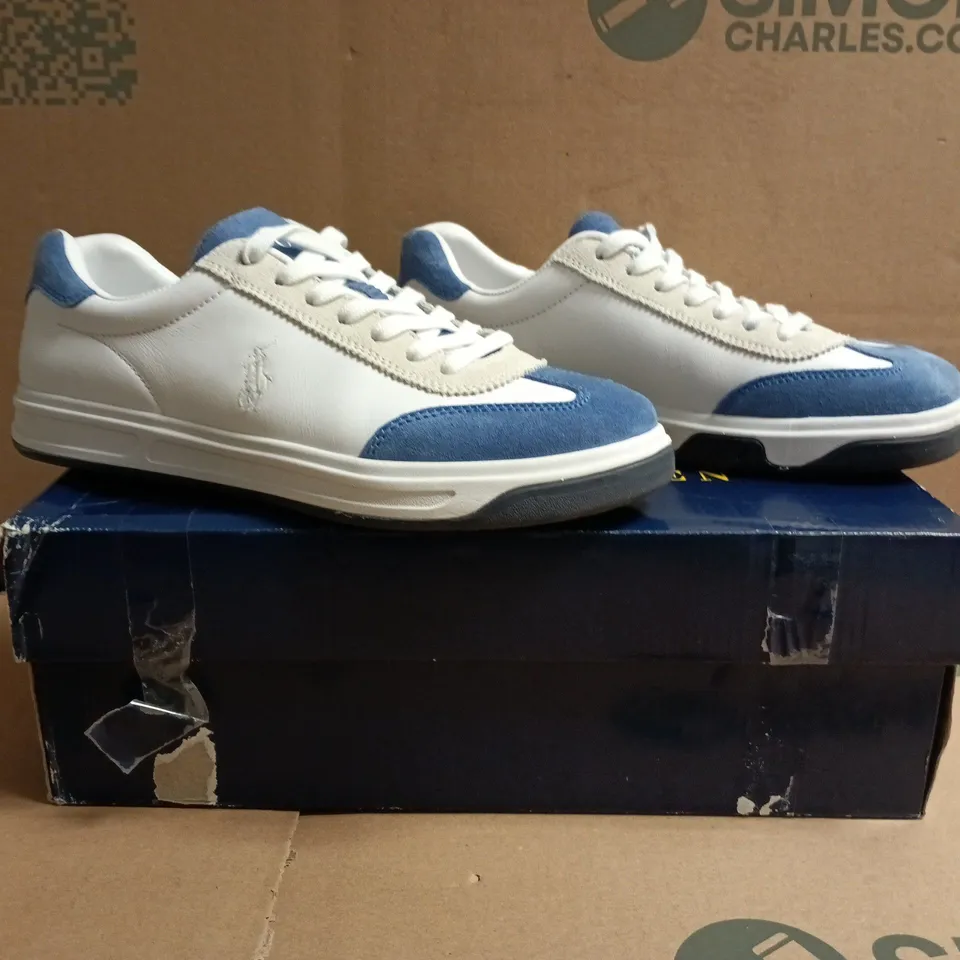 BOXED PAIR OF POLO RALPH LAUREN TRAINERS IN WHITE/BLUE SIZE UK 6