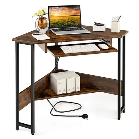 BOXED CORNER DESK SMALL COMPUTER DESK WITH POWER OUTLETS BROWN