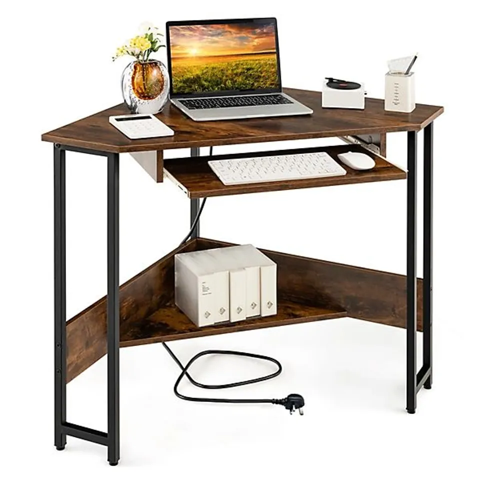 BOXED CORNER DESK SMALL COMPUTER DESK WITH POWER OUTLETS BROWN 