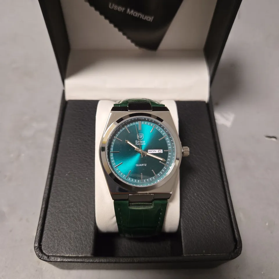 BOXED ERNEST FERDINAND MENS GREEN DIAL LEATHER STRAP WATCH
