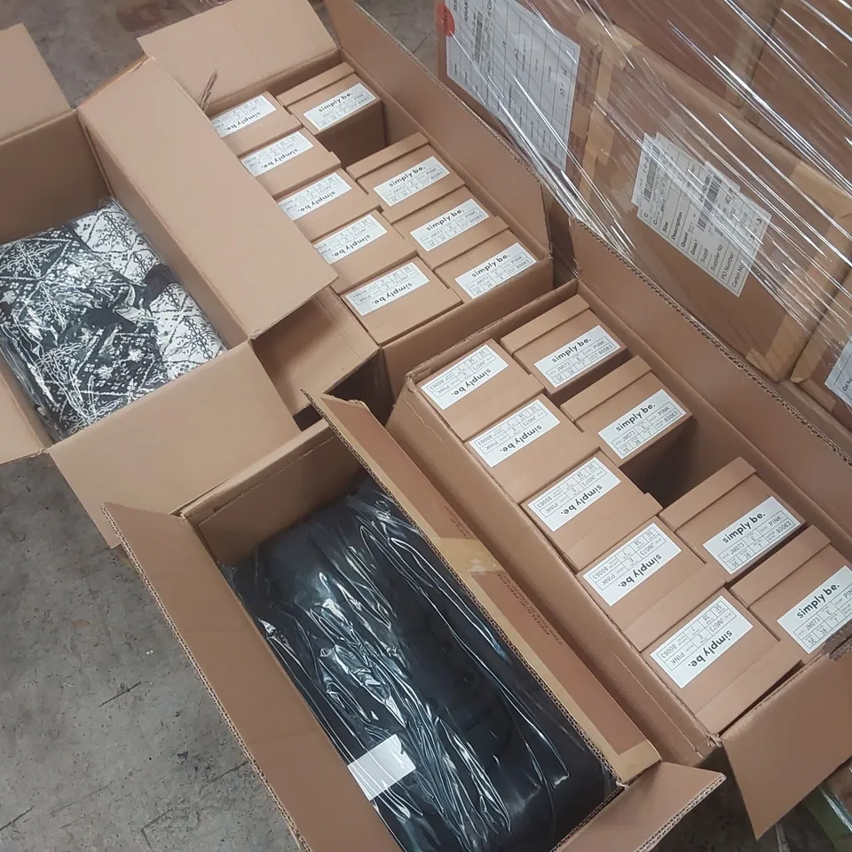 PALLET CONTAINING APPROXIMATELY 160x BRAND NEW ASSORTED DESIGNER CLOTHING ITEMS INCLUDING: SIMPLY BE SHOES AND JACKETS ECT