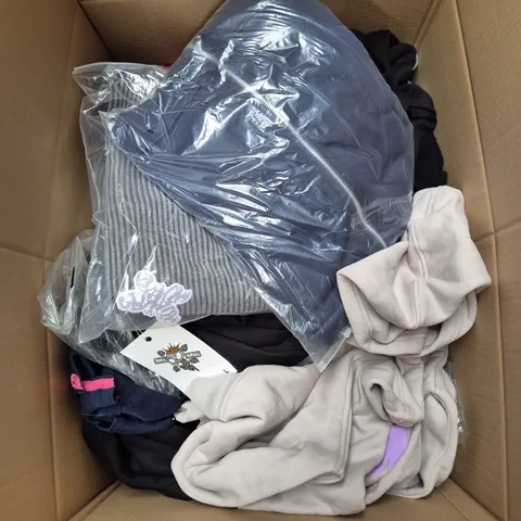 LARGE BOX OF ASSORTED CLOTHING ITEMS IN VARIOUS SIZES, STYLES AND COLOUR 