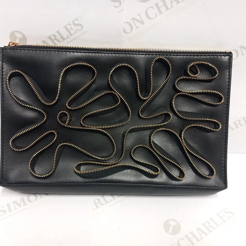 STELLA MCCARTNEY BLACK CAVENDISH VEGAN LEATHER ZIP EMBELLISHED CLUTCH BAG