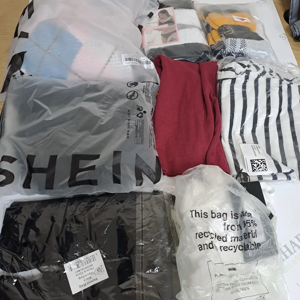 BOX OF ASSORTED CLOTHING ITEMS TOO INCLUDE JUMPERS, SHIRTS AND TROUSERS IN VARIOUS SIZES AND COLOURS   