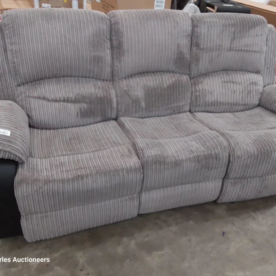 DESIGNER POWER RECLINING THREE SEATER SOFA GREY JUMBO CHORD % BLACK FAUX LEATHER
