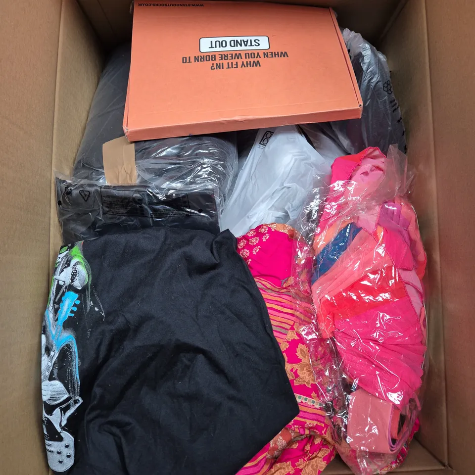 LARGE BOX OF ASSORTED CLOTHING ITEMS IN VARIOUS SIZES, STYLES AND COLOUR 