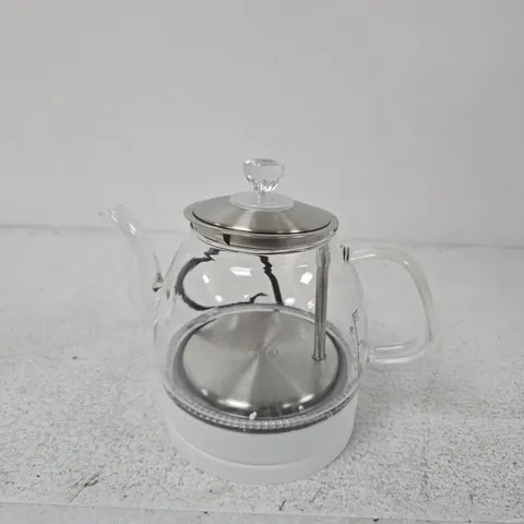 GLASS ELECTRIC TEAPOT WITH STAINLESS STEEL INFUSER ON WHITE BASE