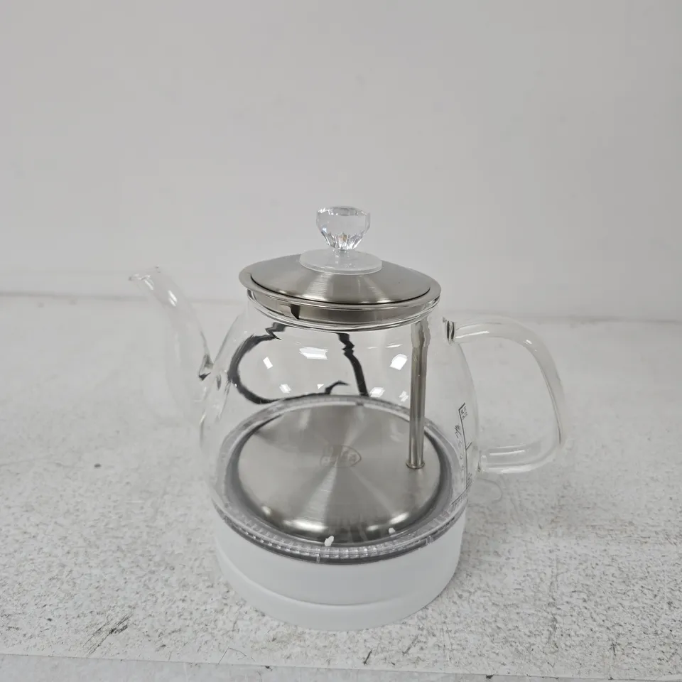 GLASS ELECTRIC TEAPOT WITH STAINLESS STEEL INFUSER ON WHITE BASE