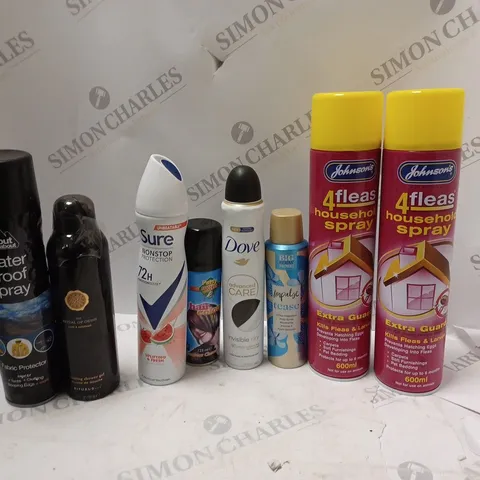 APPROXIMATELY 15 ASSORTED AEROSOLS TO INCLUDE DOVE ANTI-PERSPIRANT, 4LEASE HOUSEHOLD SPRAY, WATER PROOF SPRAY, ETC - COLLECTION ONLY