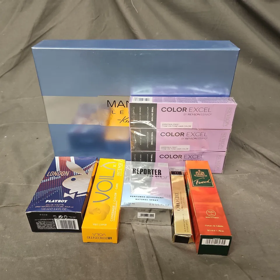 BOX OF APPROXIMATELY 15 ASSORTED COSMETIC ITEMS TO INCLUDE - PLAYBOY LONDON EAU DE TOILETTE - REPORTER PERFUMED DEODORANT - TAYLOR OR LONDON TWEED PARFUM DE TOILETTE - ETC - COLLECTION ONLY