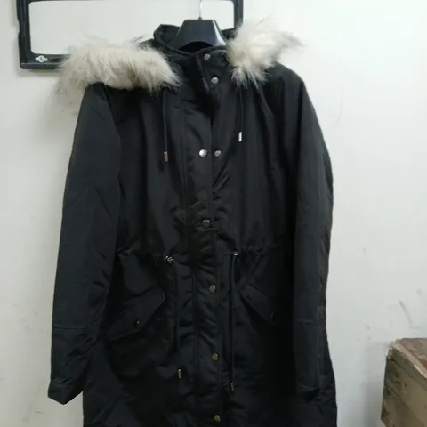 ULTIMATE BLACK HOODED PARKA COAT WITH FAUX FUR TRIM - SIZE 12