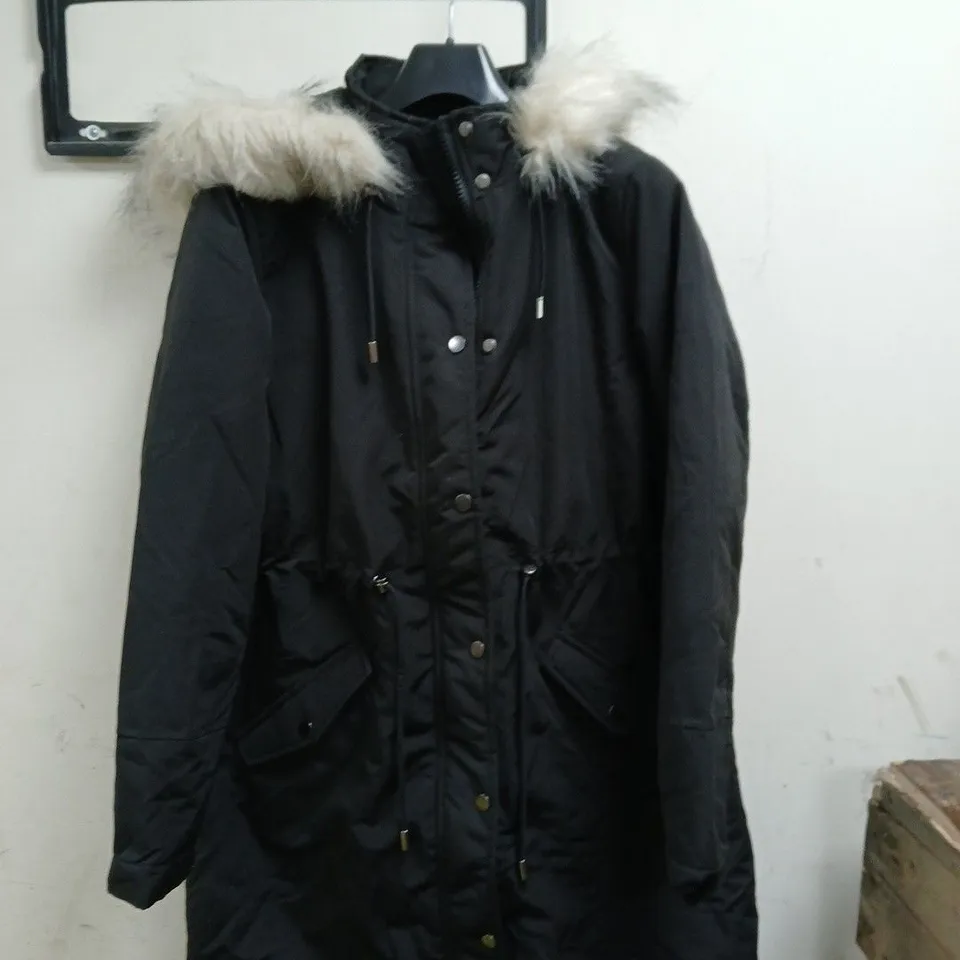 ULTIMATE BLACK HOODED PARKA COAT WITH FAUX FUR TRIM - SIZE 12