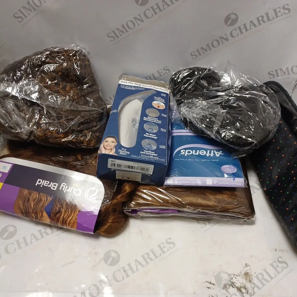 BOX OF ASSORTED COSMETIC ITEMS TOO INCLUDE WIGS AMD FACE CLEANER 