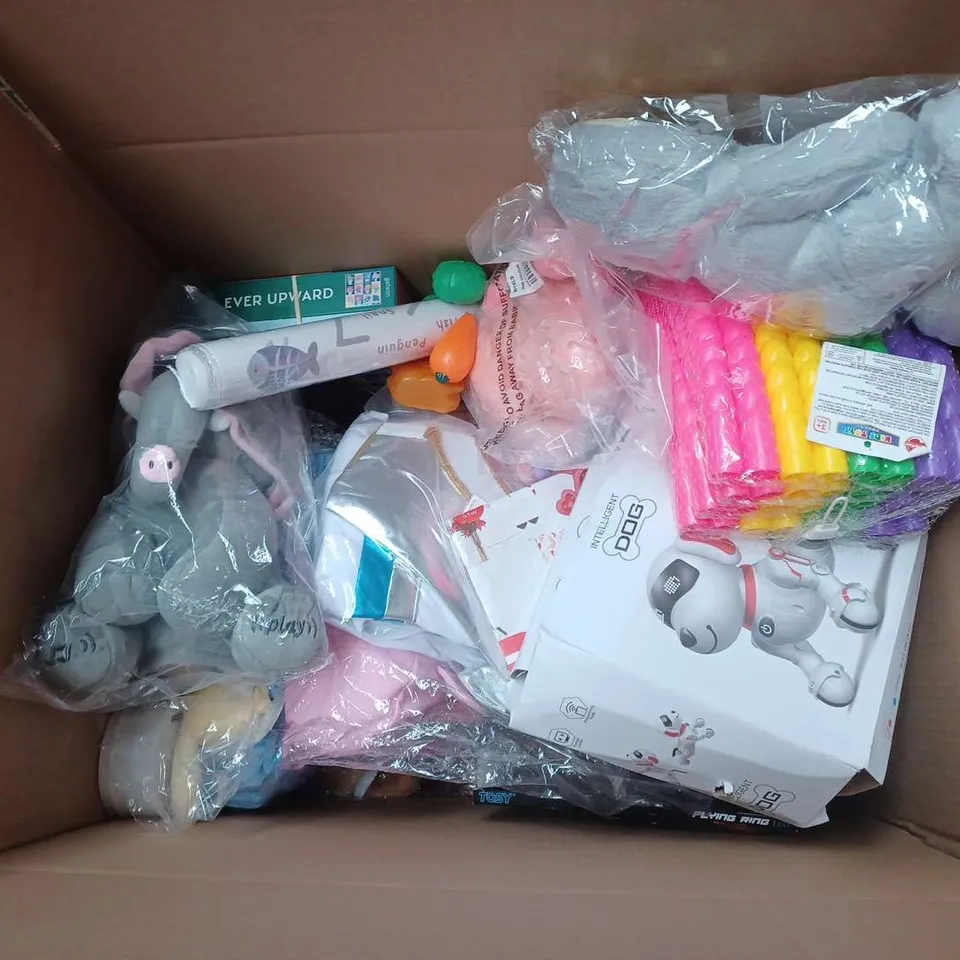 LARGE BOX OF ASSORTED TOYS AND GAMES TO INCLUDE JIGSAWS, TEDDIES AND ROBO DOG - COLLECTION ONLY