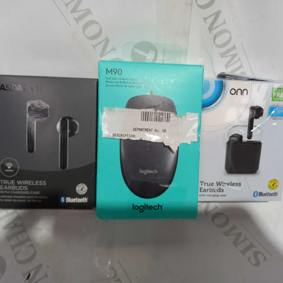 LOT OF APPROXIMATELY 20 ASSORTED HOUSEHOLD ITEMS TO INCLUDE ASDA TECH TRUE WIRELESS EARBUDS, LOGITECH M90 CORDED MOUSE, ONN TRUE WIRELESS EARBUDS, ETC